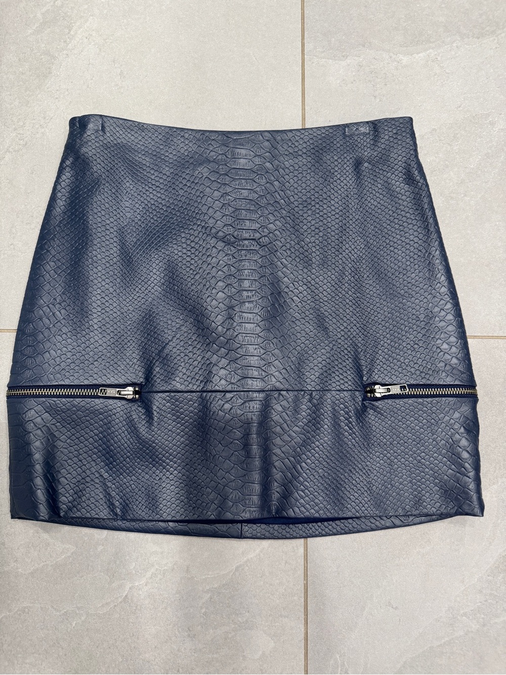 Lovers + Friends Navy Faux-Snakeskin Mini Skirt with Zipper Accents